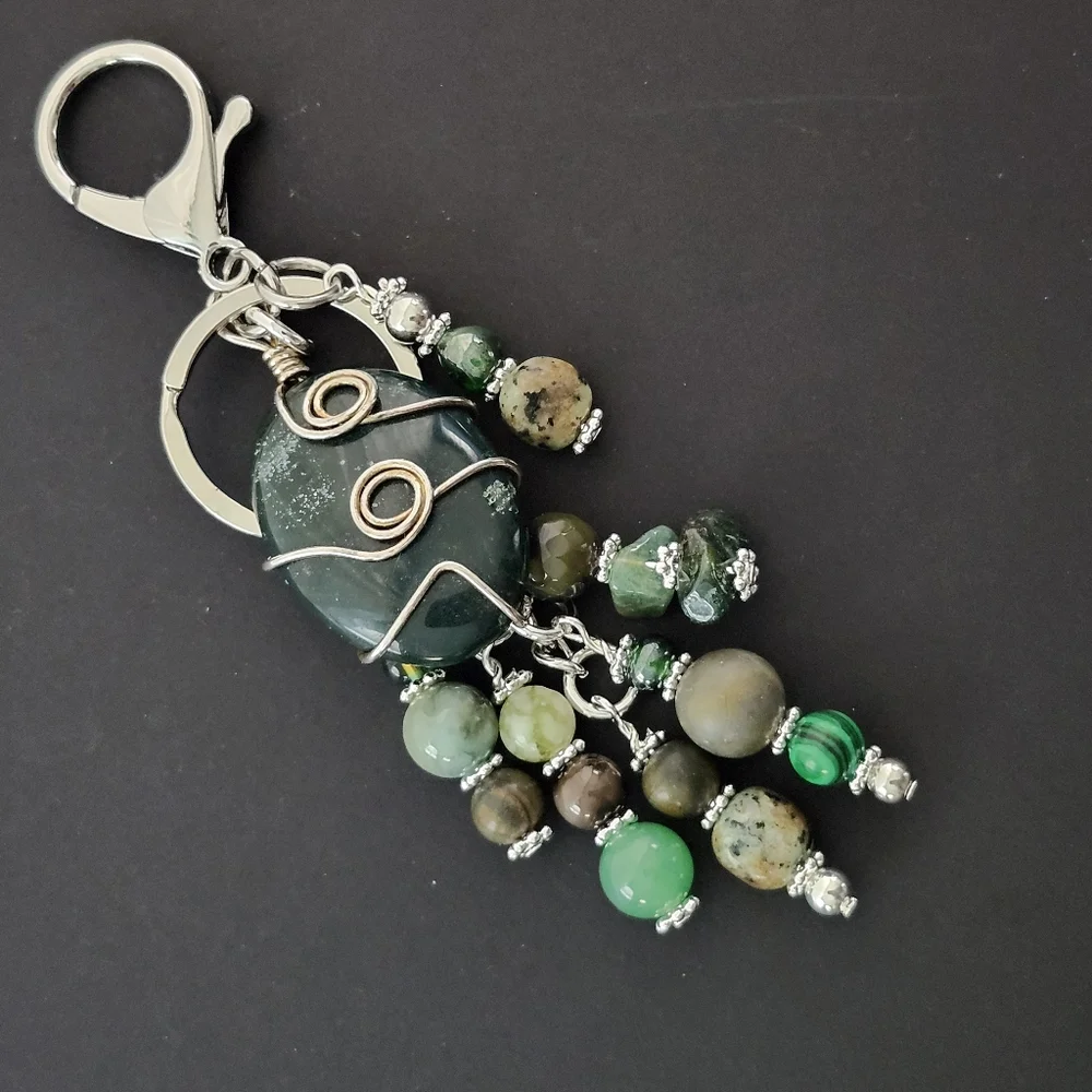 Agate Purse Charm or Keychain Aventurine Jasper Stone Handcrafted